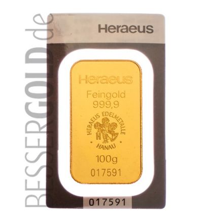 Zlatý slitek 100g HERAEUS (Německo)