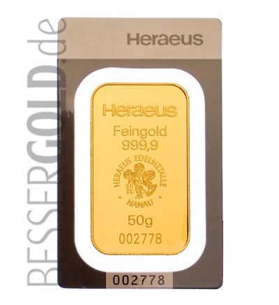 Zlatý slitek 50g HERAEUS (Německo)