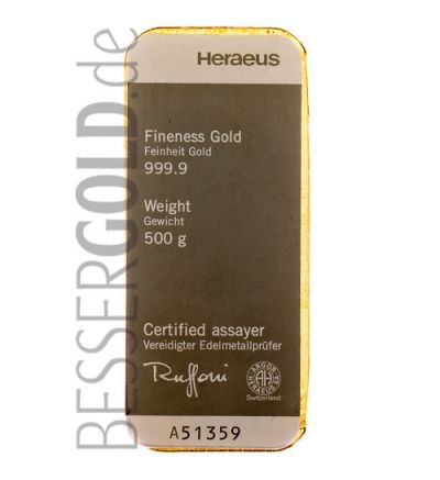 Zlatý slitek 500g HERAEUS (Německo)