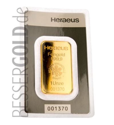 Zlatý slitek 1 oz (trojská unce) HERAEUS (Německo)