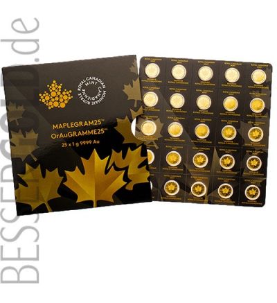 Zlaté mince 25x1g Maple Leaf MAPLEGRAM Kanada