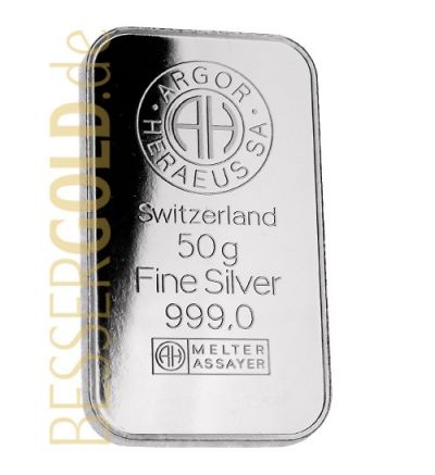 Stříbrný slitek 50g ARGOR-HERAEUS/UMICORE/HERAEUS (Švýcarsko/Belgie/Německo)