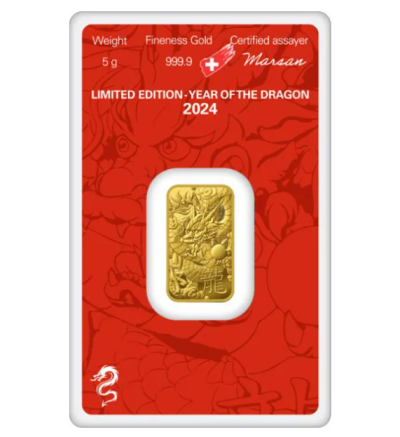Zlatý slitek 5g ARGOR-HERAEUS Rok draka 2024 (Švýcarsko)