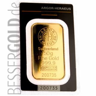 Zlatý slitek 50g ARGOR-HERAEUS (Švýcarsko)