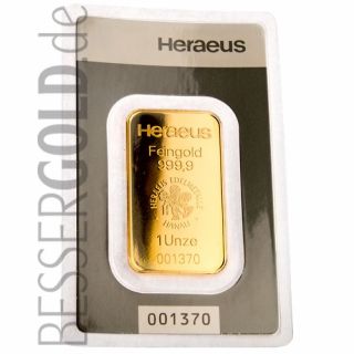 Zlatý slitek 1 oz (trojská unce) HERAEUS (Německo)